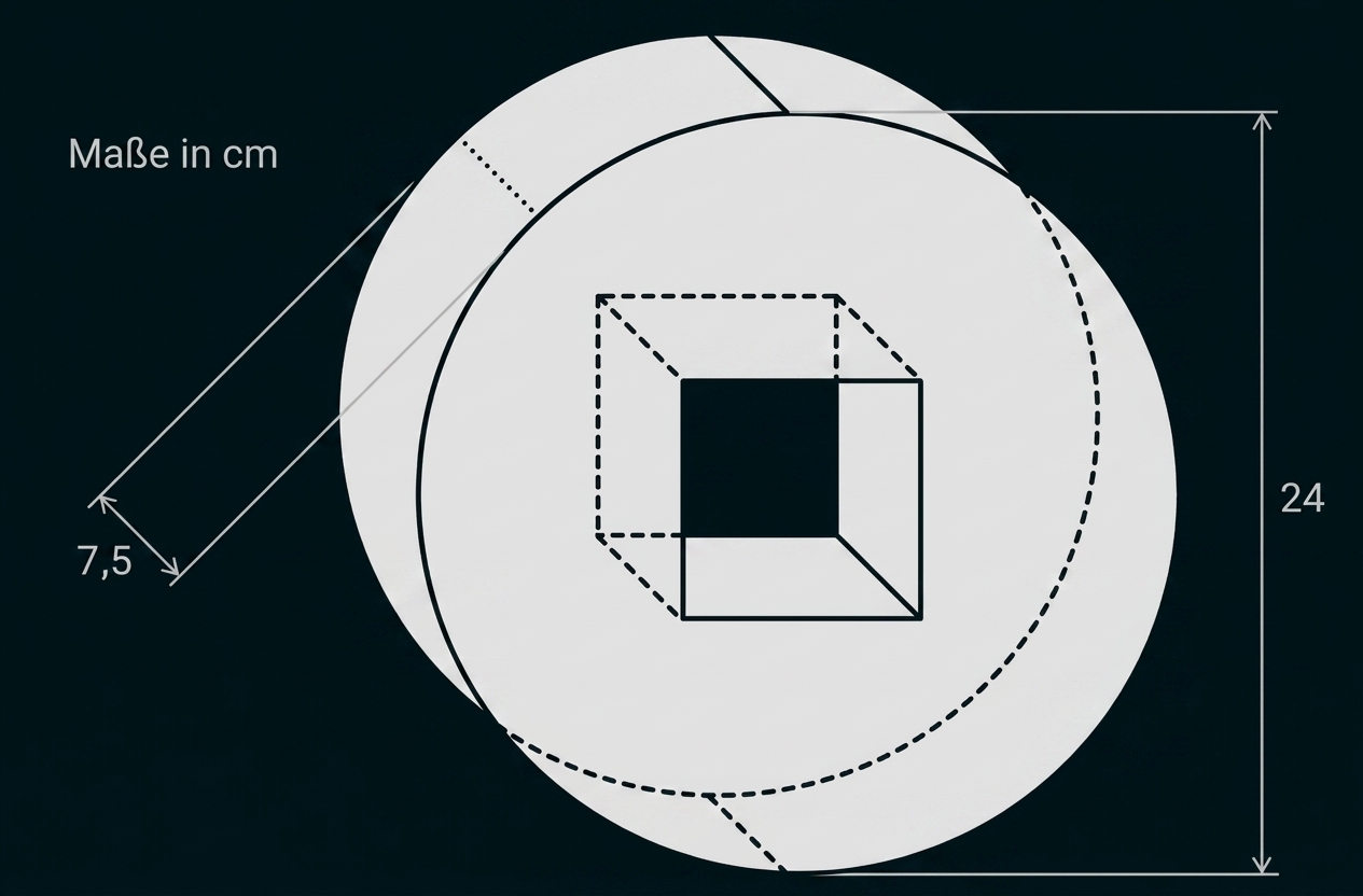 Geometrische Skizze mit Kreisen, Quadrat und Maßangaben in cm.